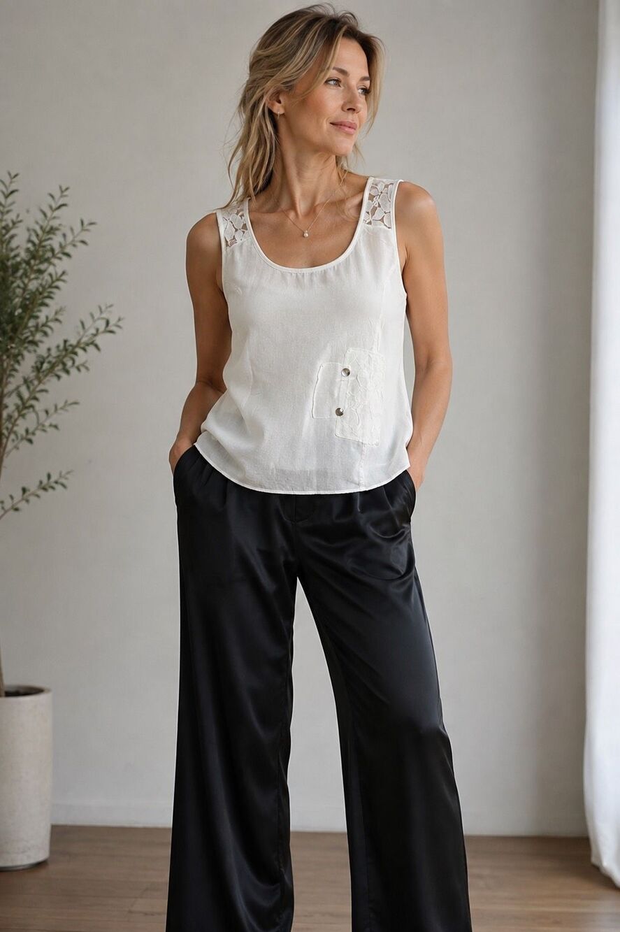 Driver Italy Linen Blend Sleeveless Lace Top White Boho Pocket Women’s L